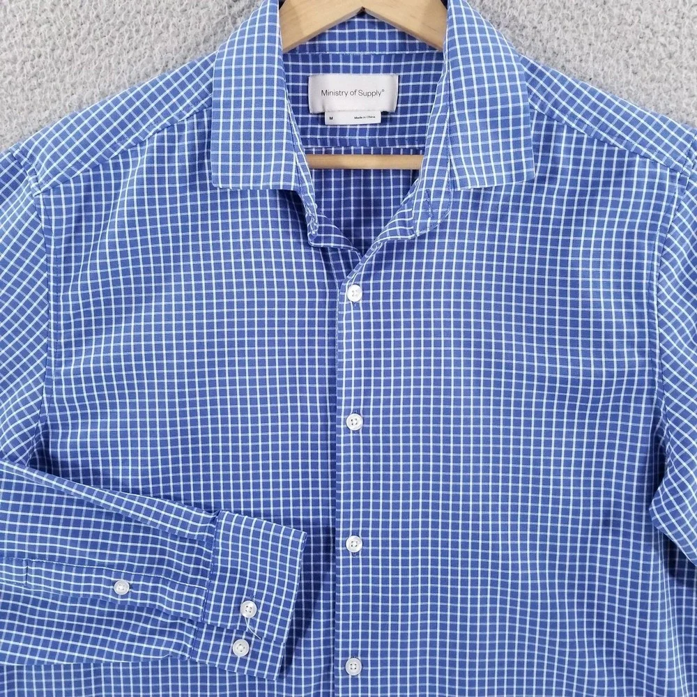 Ministry Of Supply Shirt Men Medium Blue Check Performance Sport Tech Commuter